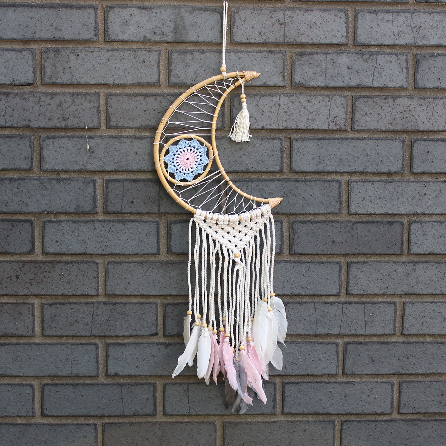Bescherming Droomvanger - Macrame Maan pastel kleuren